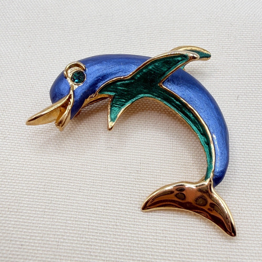 Vintage Dolphin Pin Brooch w/ Green Rhinestone Blue/Teal Enamel Gold Tone